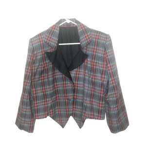 Vintage Plaid Blazer with Black Satin Lapel – Retro Checkered Jacket